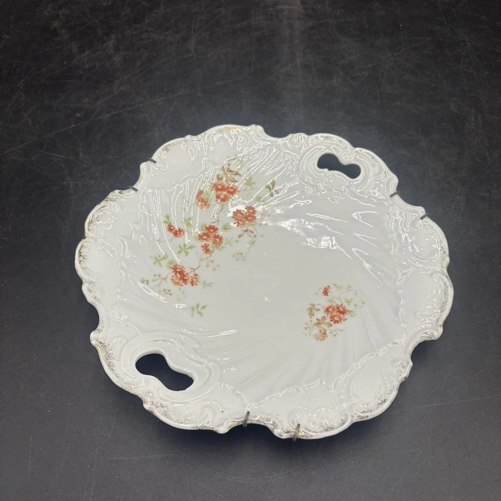 Vintage 2 Handled Autum Flower Serving Plate Raised Embossed Gold Trim 9 1/4